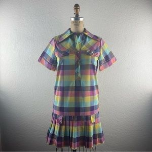 Vintage l 60s S Rainbow Plaid Collared Drop Waist Pleated Mod Scooter Mini Dress